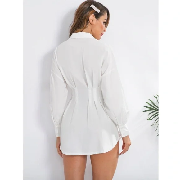 White Waist Fitted Drop Shoulder Buttoned Shirt - Picture 8 of 17